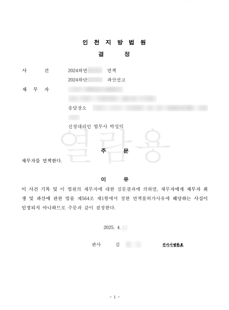 탕감율 100%(채무액9,500만원) 면책결정